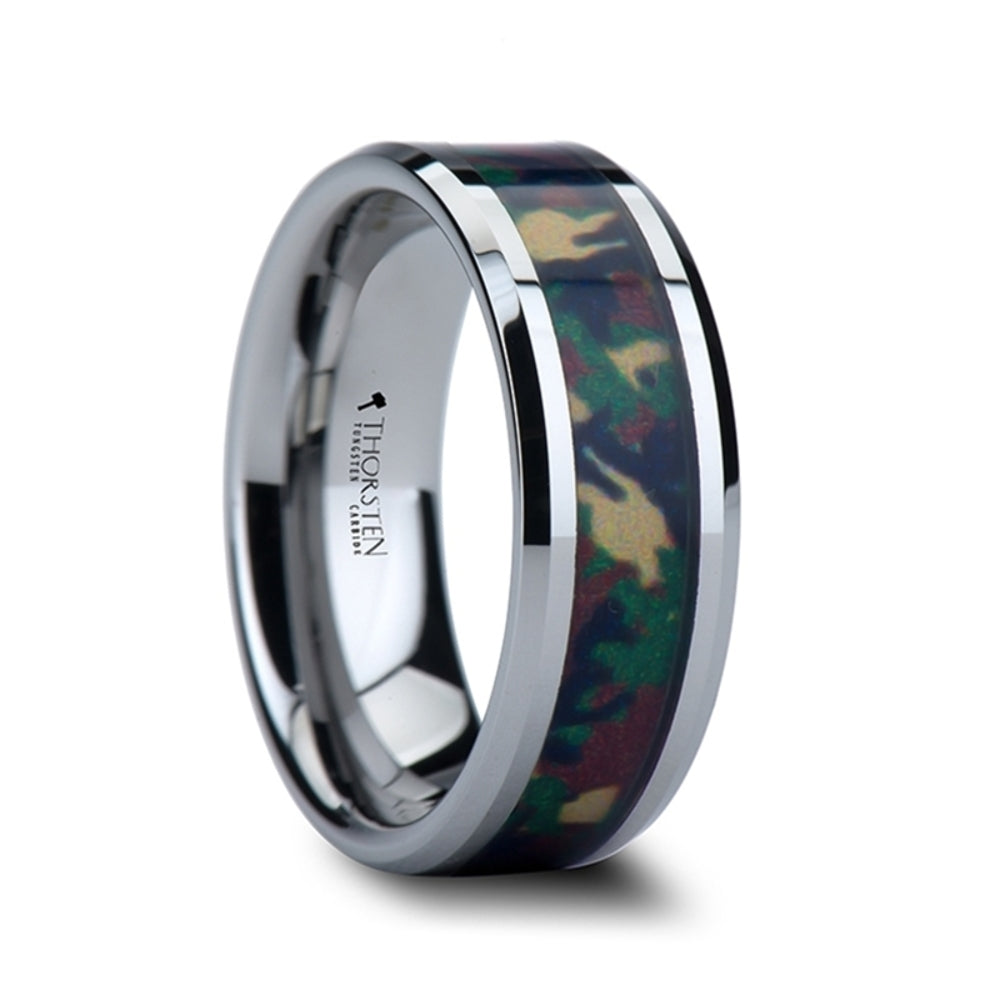 Mens Tungsten Military Style Jungle Camouflage Inlay Wedding Ring - Beveled Comfort Fit - 6mm 8mm 10mm Wide - Style name: COMMANDO
