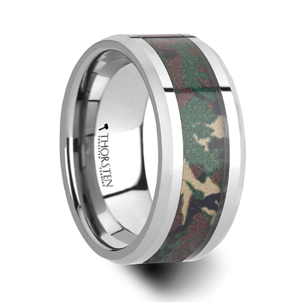 Mens Tungsten Military Style Jungle Camouflage Inlay Wedding Ring - Beveled Comfort Fit - 6mm 8mm 10mm Wide - Style name: COMMANDO