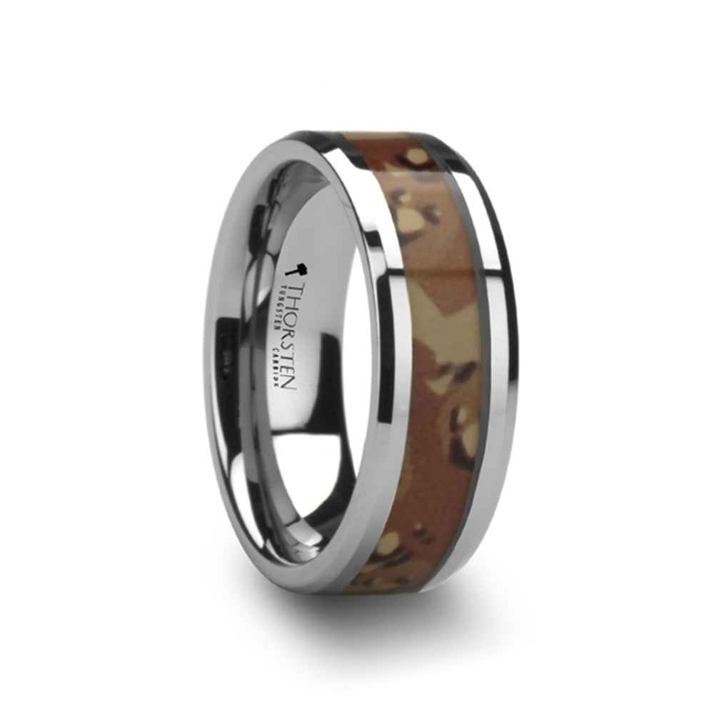 Mens Tungsten Military Style Desert Camo Inlay Wedding Ring - Beveled Edges Comfort Fit - 8mm Wide - Style name: CRUSADER