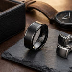 Load image into Gallery viewer, Mens Tungsten Brushed Center Flat Black Wedding Ring - Polished Edges Comfort Fit - 4mm 6mm 7mm 8mm 10mm 12mm Wide - Style name: VULCAN
