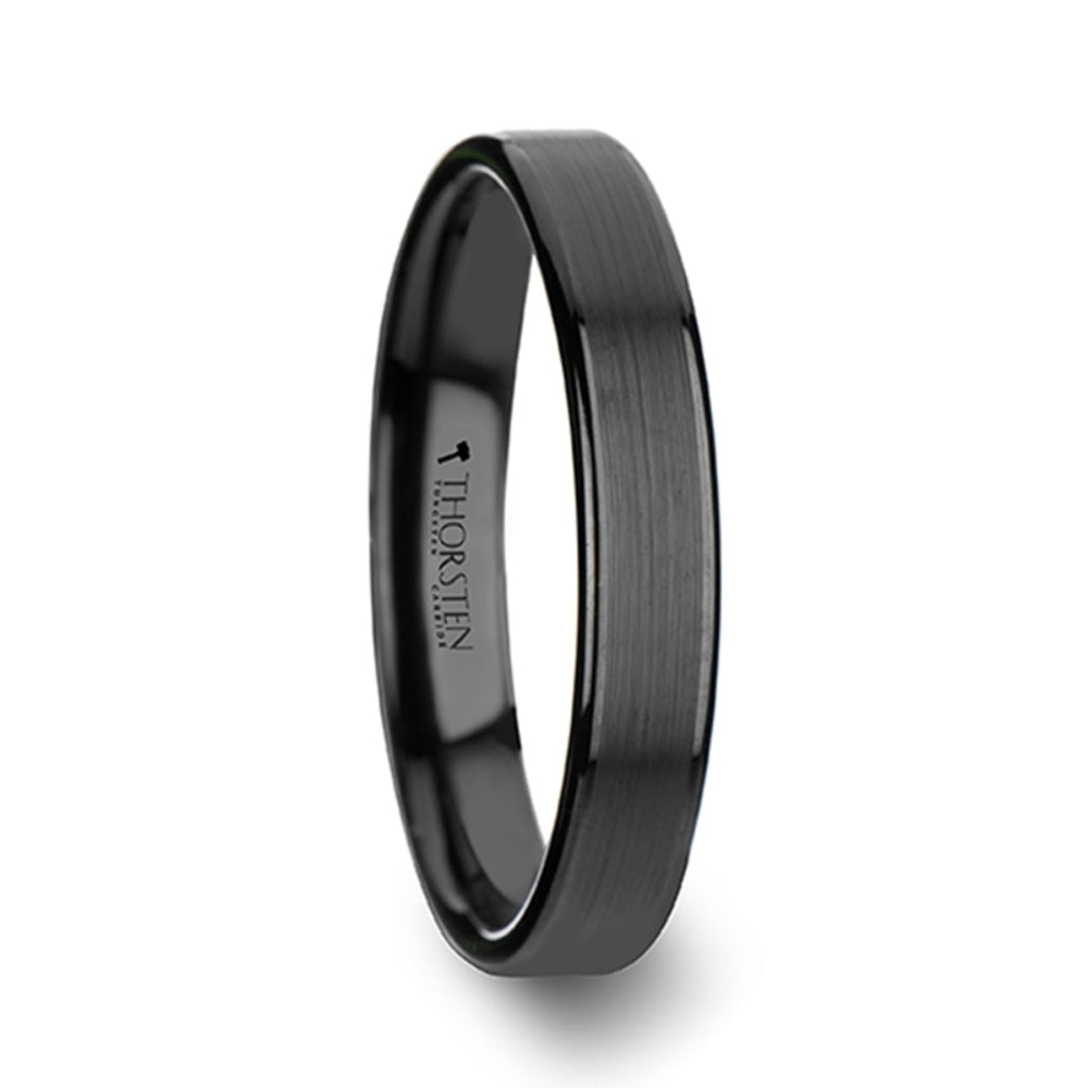 Mens Tungsten Brushed Center Flat Black Wedding Ring - Polished Edges Comfort Fit - 4mm 6mm 7mm 8mm 10mm 12mm Wide - Style name: VULCAN