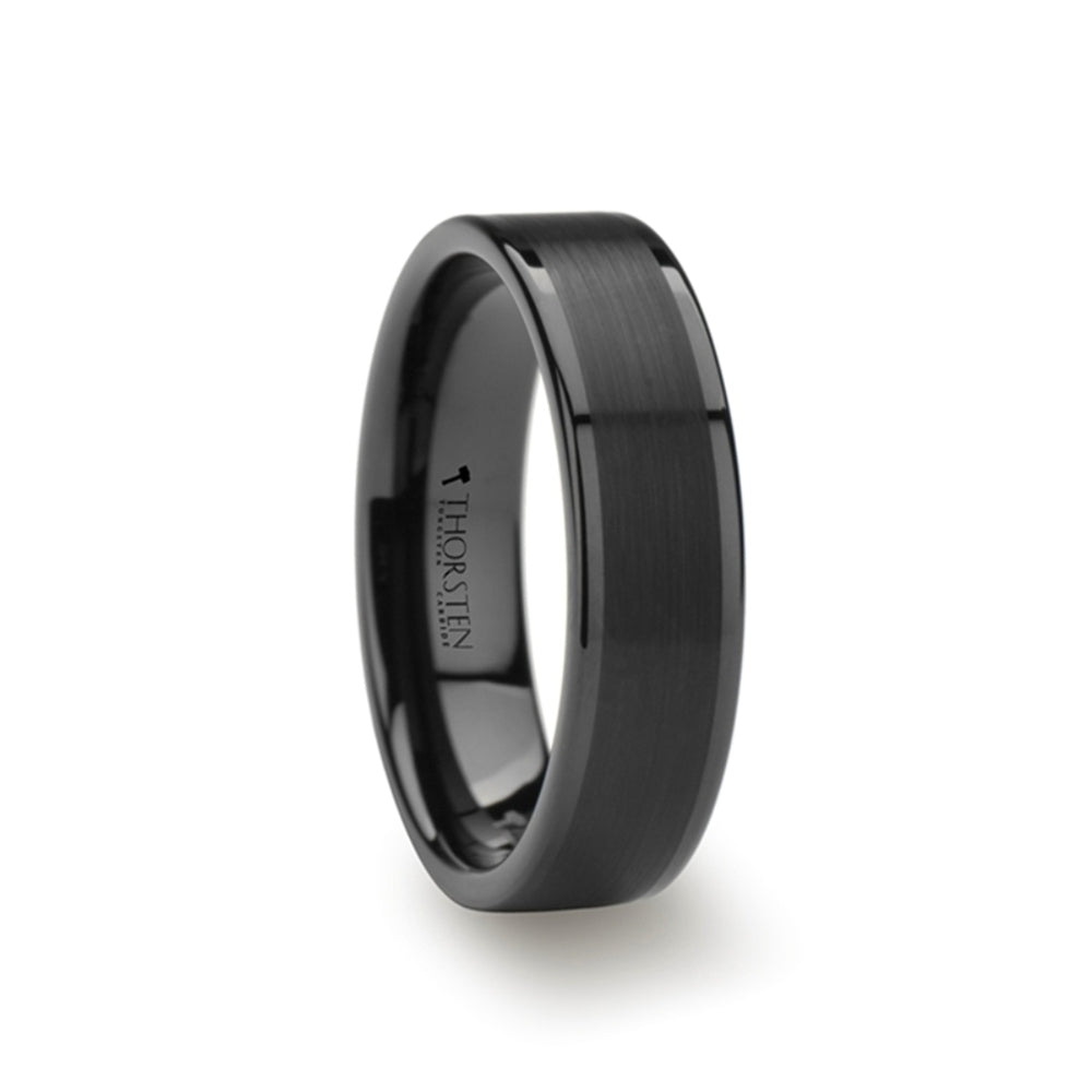 Mens Tungsten Brushed Center Flat Black Wedding Ring - Polished Edges Comfort Fit - 4mm 6mm 7mm 8mm 10mm 12mm Wide - Style name: VULCAN