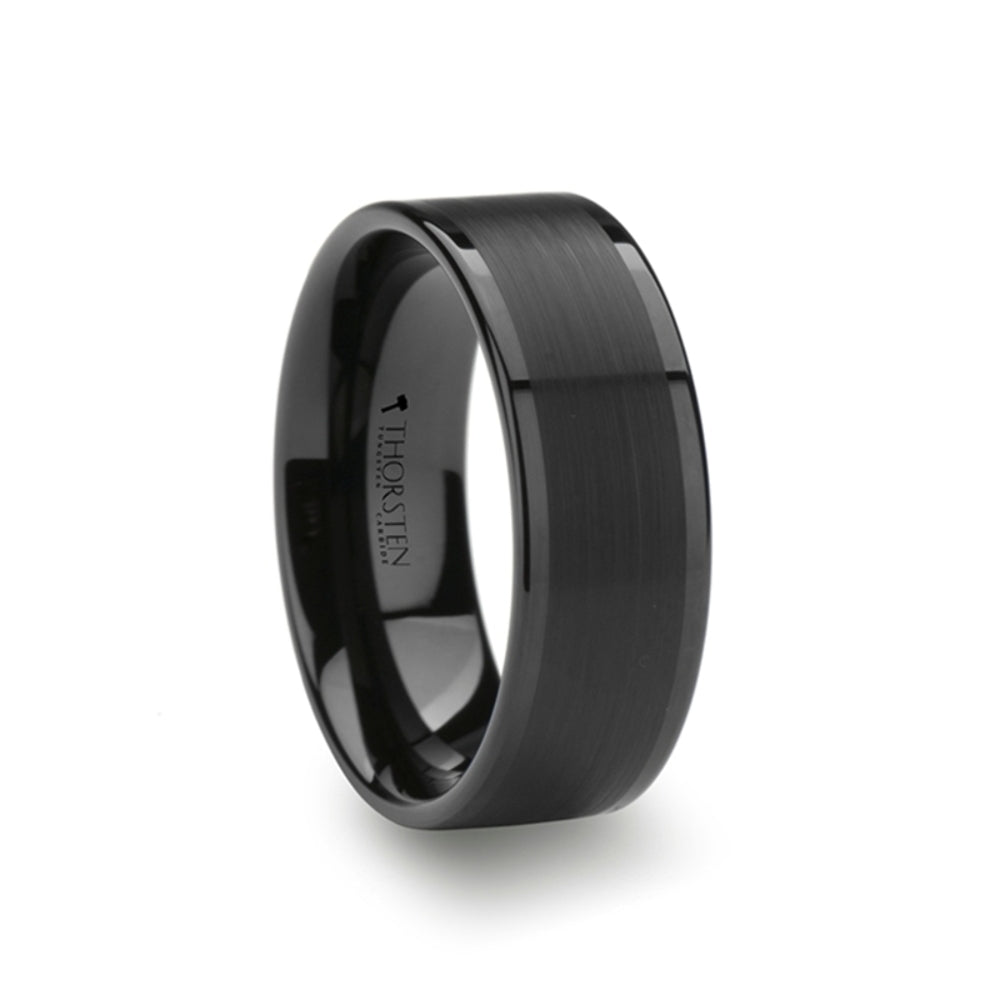 Mens Tungsten Brushed Center Flat Black Wedding Ring - Polished Edges Comfort Fit - 4mm 6mm 7mm 8mm 10mm 12mm Wide - Style name: VULCAN