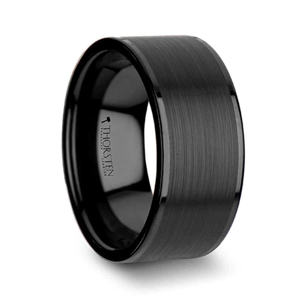 Mens Tungsten Brushed Center Flat Black Wedding Ring - Polished Edges Comfort Fit - 4mm 6mm 7mm 8mm 10mm 12mm Wide - Style name: VULCAN