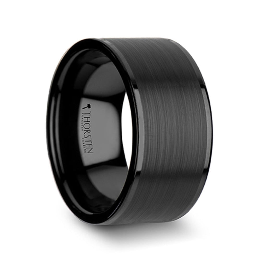 Mens Tungsten Brushed Center Flat Black Wedding Ring - Polished Edges Comfort Fit - 4mm 6mm 7mm 8mm 10mm 12mm Wide - Style name: VULCAN