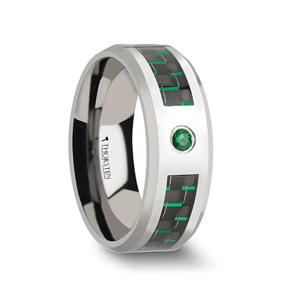 Mens Tungsten Carbide Green Emerald Black & Green Carbon Fiber Wedding Ring - Polished Comfort Fit - 8mm Wide - Style name: ASPEN