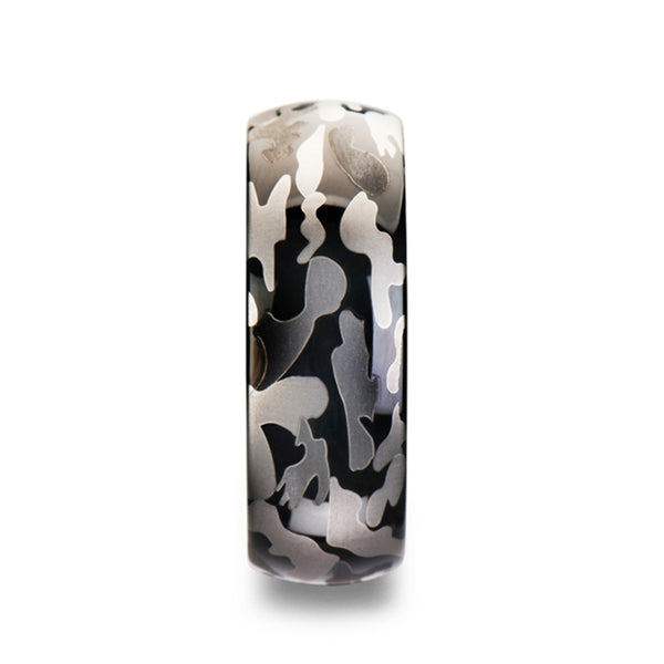 Mens Tungsten Carbide Black And Gray Camo Pattern Wedding Ring - Domed Comfort Fit - 8mm Wide - Style name: ADMIRAL
