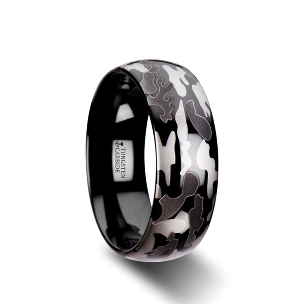 Mens Tungsten Carbide Black And Gray Camo Pattern Wedding Ring - Domed Comfort Fit - 8mm Wide - Style name: ADMIRAL