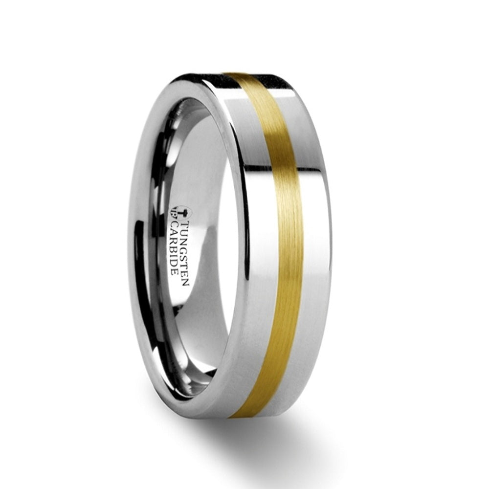 Mens Tungsten Gold Inlaid Wedding Ring - Flat Comfort Fit - 6mm 8mm Wide - Style name: HARRISBURG