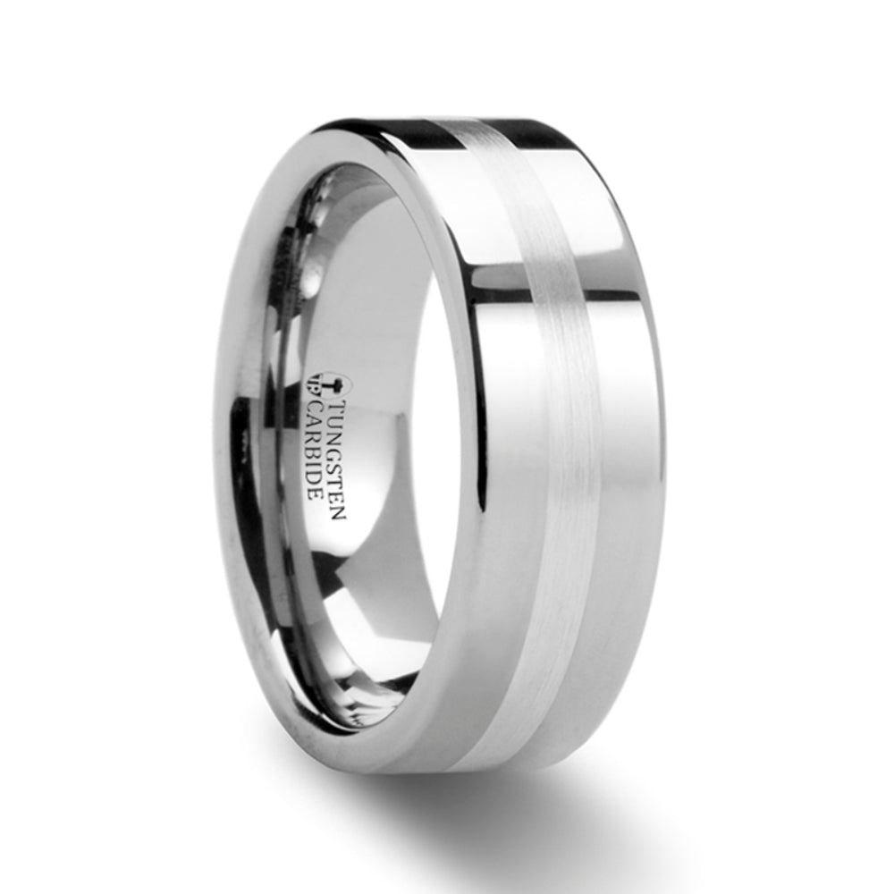Mens Tungsten Carbide Silver Inlaid Wedding Ring - Pipe Cut Comfort Fit - 6mm 8mm Wide - Style name: GEMINI