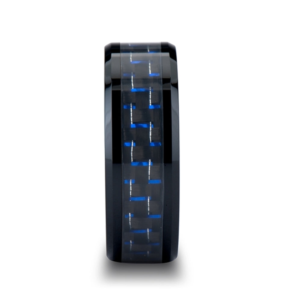 Mens Black Ceramic Blue & Black Carbon Fiber Inlay Wedding Ring - Beveled Comfort Fit - 4mm 6mm 8mm 10mm Wide - Style name: AVITUS