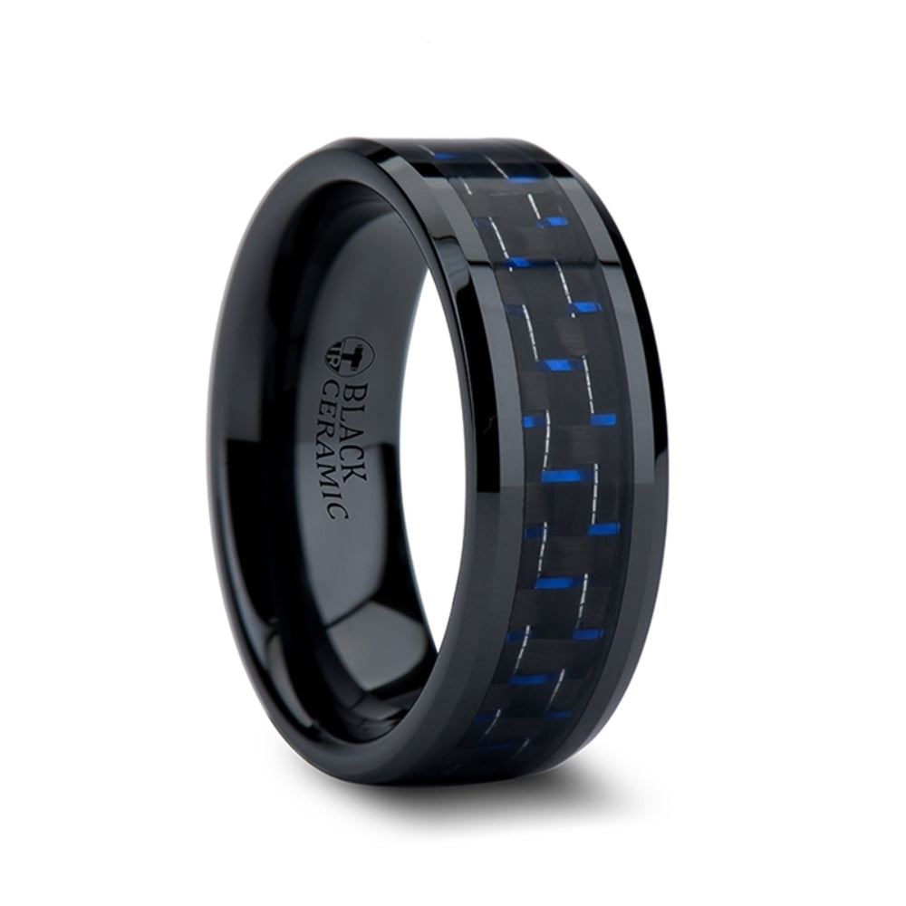 Mens Black Ceramic Blue & Black Carbon Fiber Inlay Wedding Ring - Beveled Comfort Fit - 4mm 6mm 8mm 10mm Wide - Style name: AVITUS