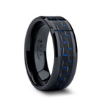 Load image into Gallery viewer, Mens Black Ceramic Blue &amp; Black Carbon Fiber Inlay Wedding Ring - Beveled Comfort Fit - 4mm 6mm 8mm 10mm Wide - Style name: AVITUS
