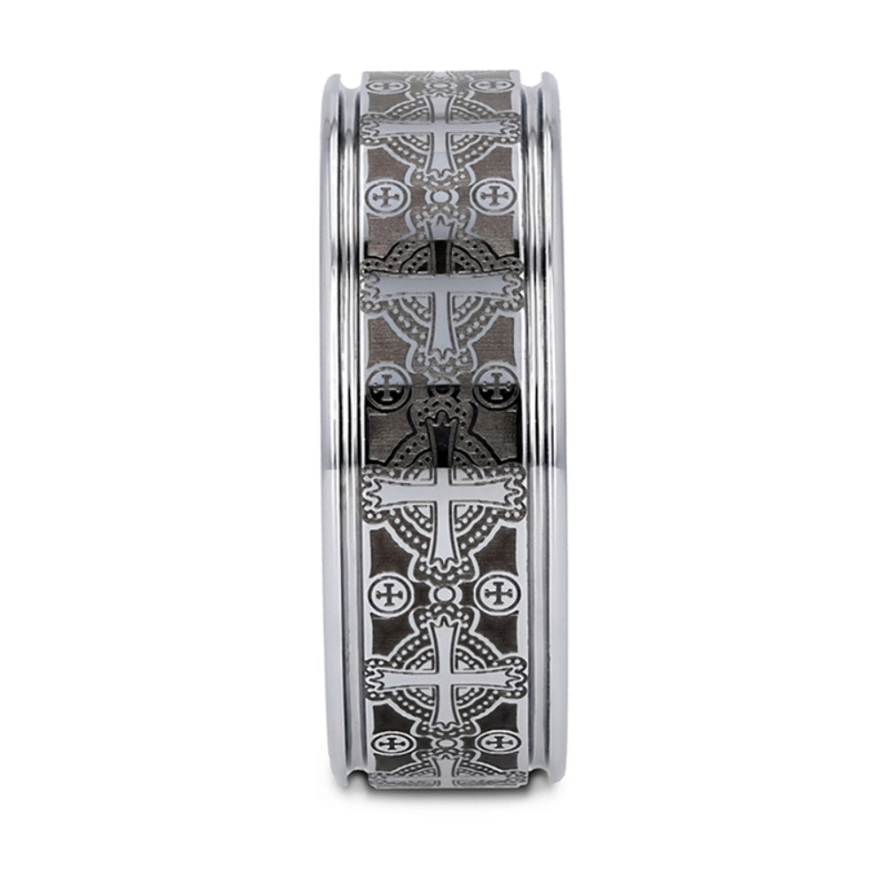 Mens Tungsten Laser Engraved Celtic Crosses Wedding Ring - Flat Grooved Comfort Fit - 8mm Wide - Style name: DEACON