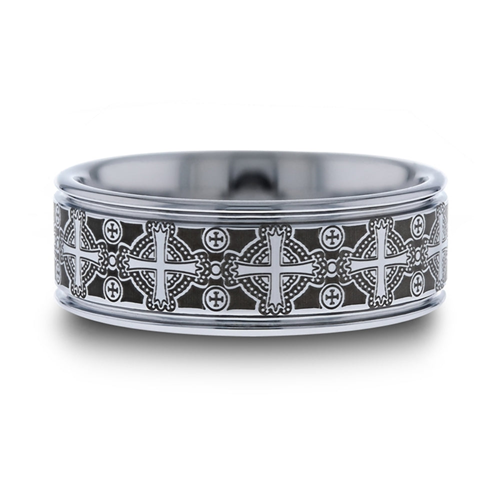 Mens Tungsten Laser Engraved Celtic Crosses Wedding Ring - Flat Grooved Comfort Fit - 8mm Wide - Style name: DEACON