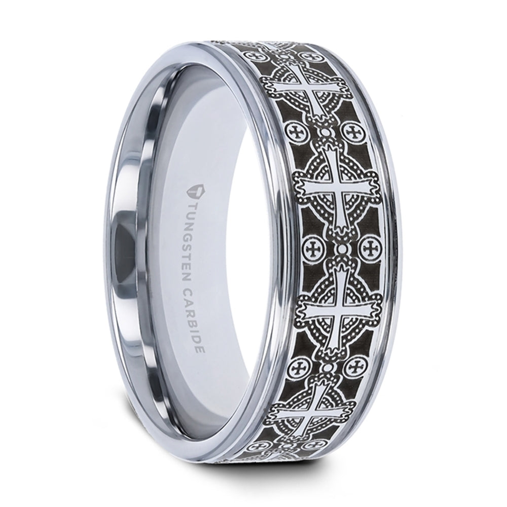 Mens Tungsten Laser Engraved Celtic Crosses Wedding Ring - Flat Grooved Comfort Fit - 8mm Wide - Style name: DEACON