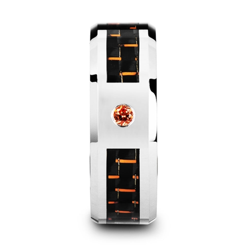 Mens Tungsten Black And Orange Carbon Fiber Padparadscha Setting Wedding Ring - Polished Comfort Fit - 8mm Wide - Style name: NOAH