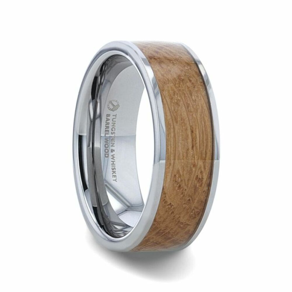 Mens Tungsten Whiskey Barrel Inlaid Flat Polished Edges Made From Genuine Whiskey Barrels Wedding Ring - 8mm Wide - Style name: MALT