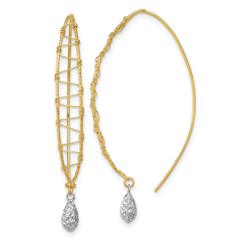14k Two-tone Gold Polished Wire Wrapped Diamond Cut Wire Dangle Earrings