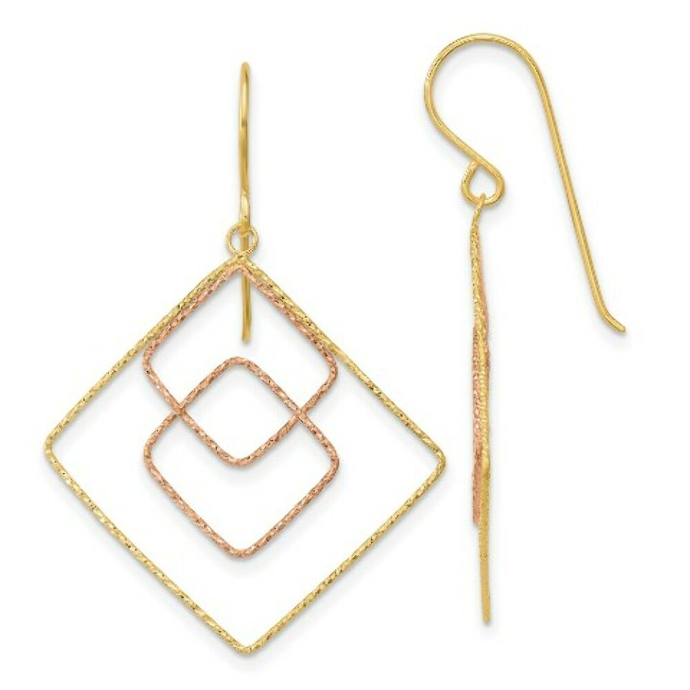 14k Yellow & Rose Gold Diamond-cut Graduated Square Shepherd Hook Earrings
