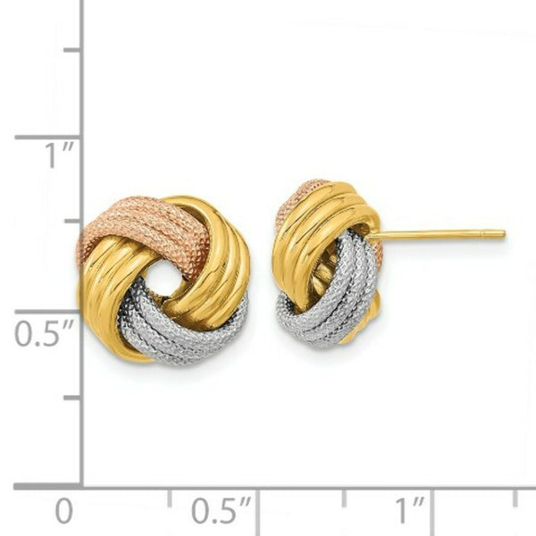 14k Tri-Color Gold Textured Triple Love Knot Post Earrings