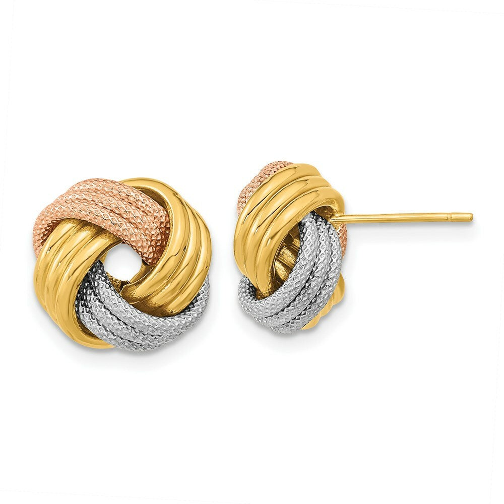 14k Tri-Color Gold Textured Triple Love Knot Post Earrings