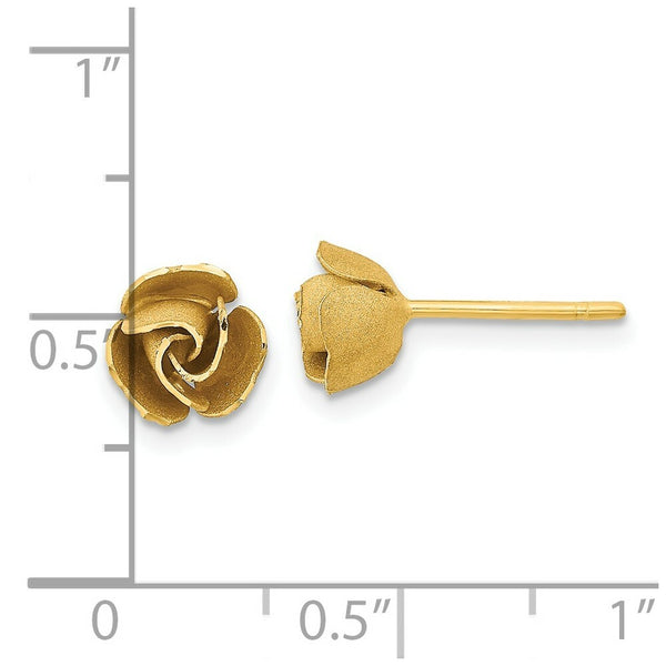 Yellow Gold Satin Finish Diamond-cut Rose Post Earrings