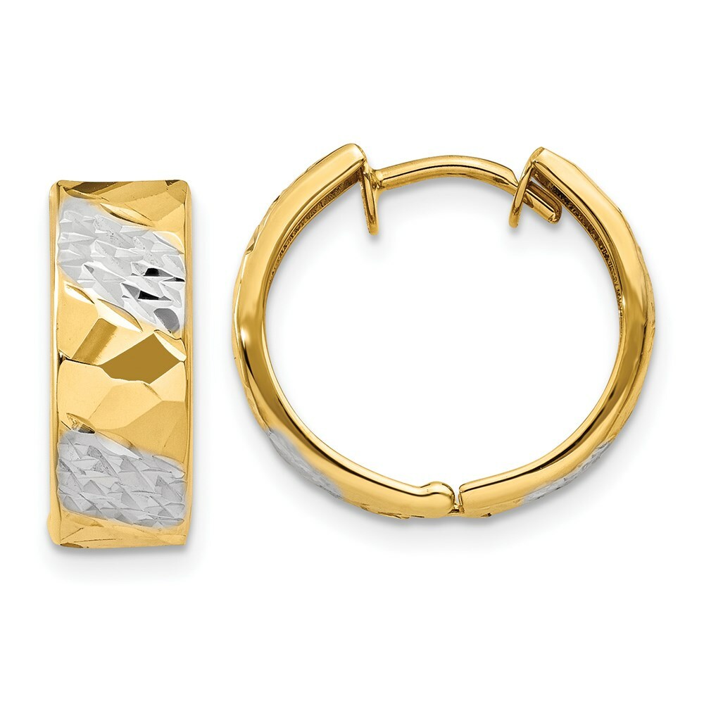 14K Yellow Gold 5mm Diamond-cut Rhodium Hoop Earrings 5.5mm width
