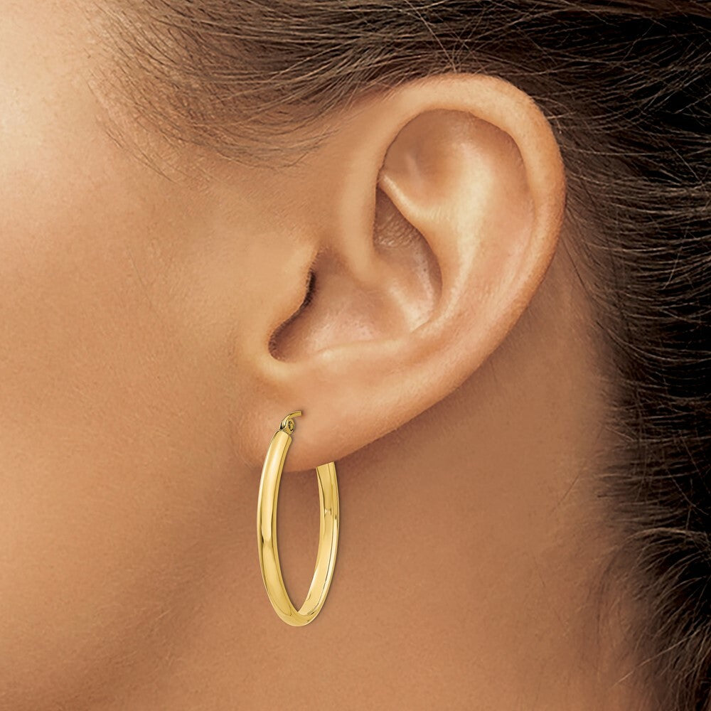 14K Yellow Gold 3mm Oval Hoop Earrings  3mm width
