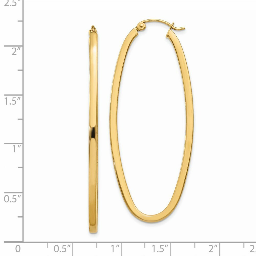 14K Yellow Gold 2mm Large Oval Hoop Earrings  2mm width