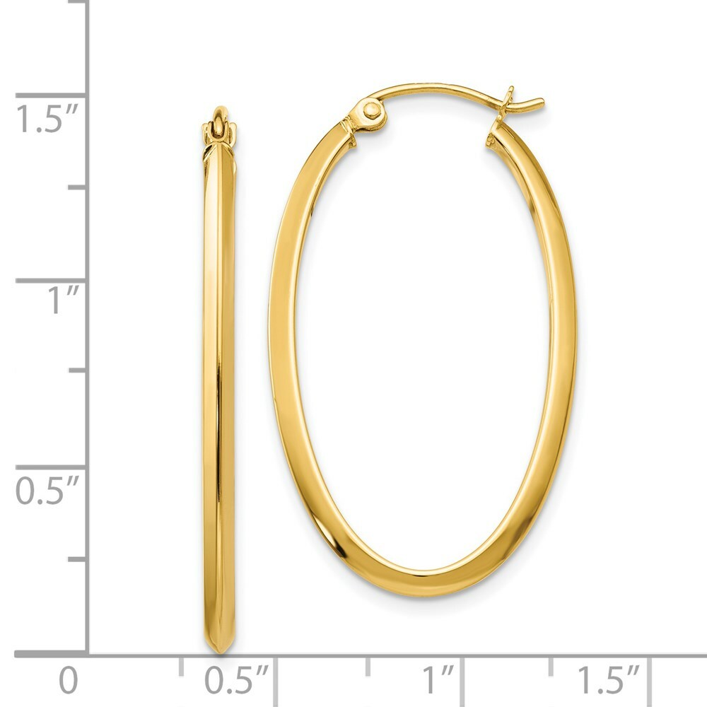 14K Yellow Gold 2mm Oval Hoop Earrings  2mm width