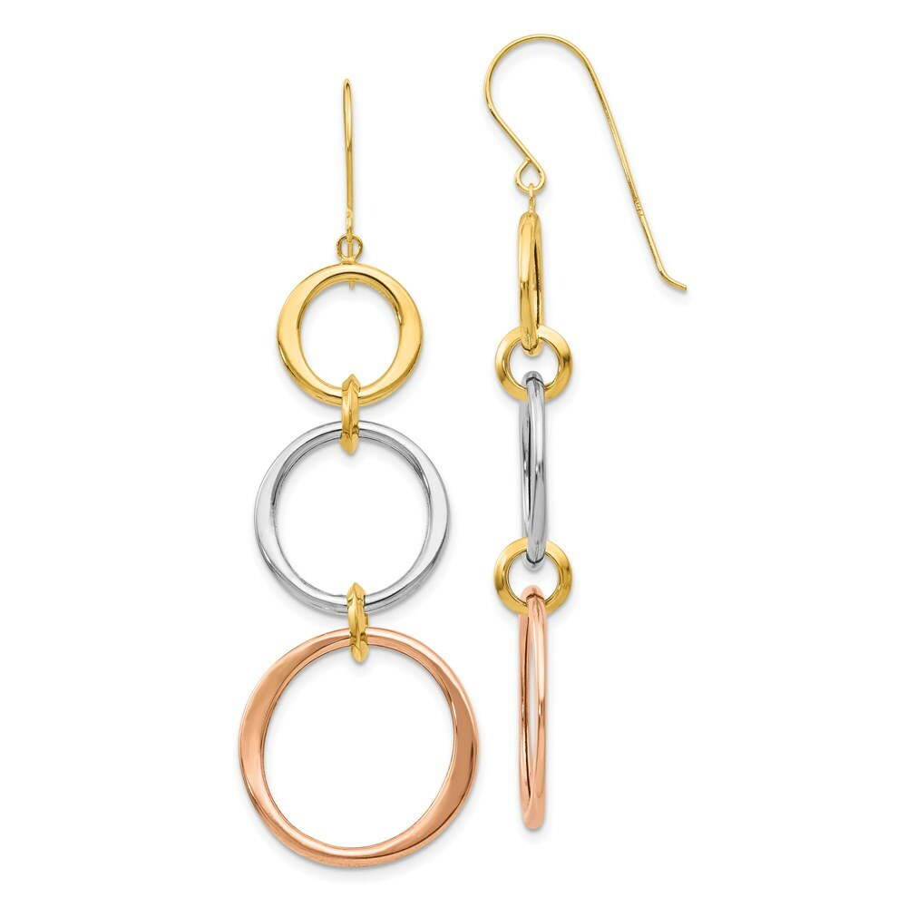 14K Tri-Color Gold Triple Circle Dangle Earrings