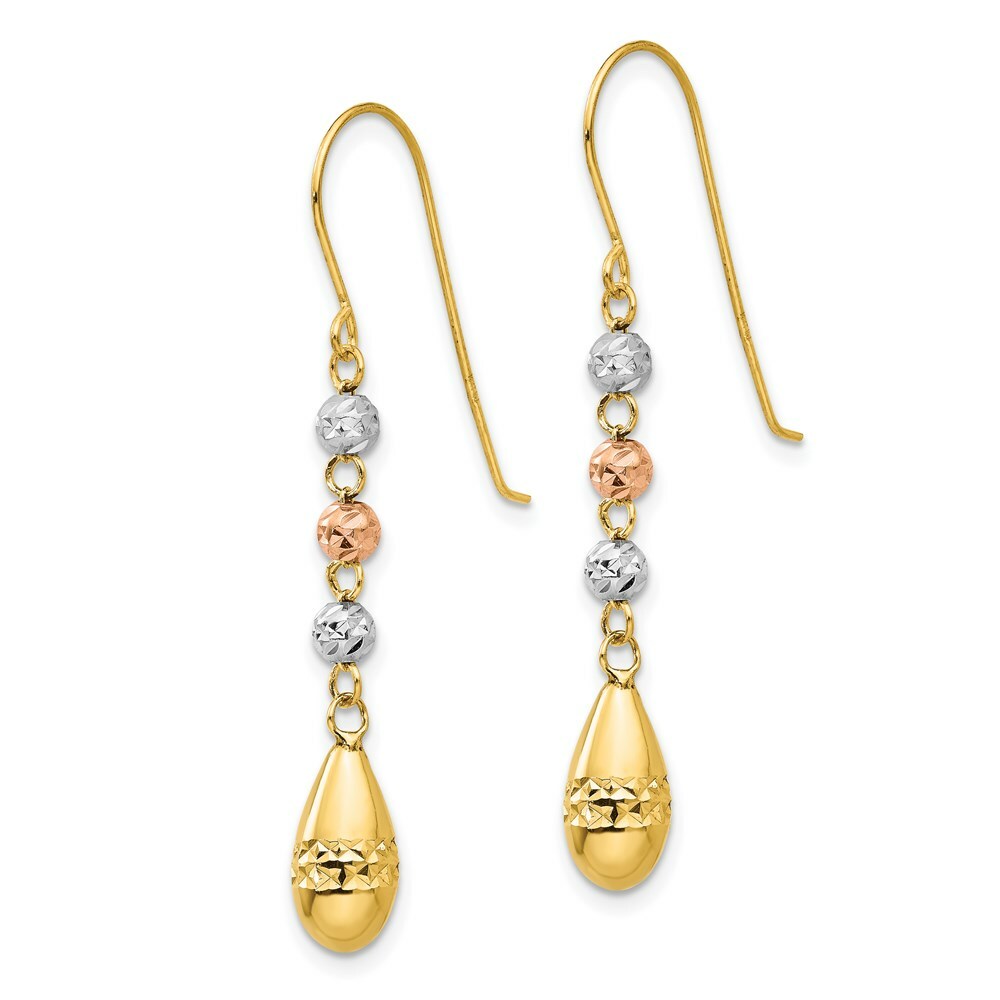 14K Tri-Color Gold Puff Teardrop & Bead Dangle Earrings