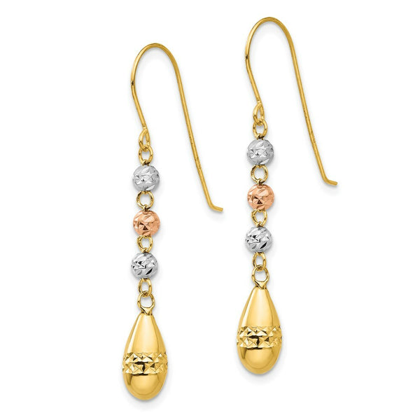 14K Tri-Color Gold Puff Teardrop & Bead Dangle Earrings