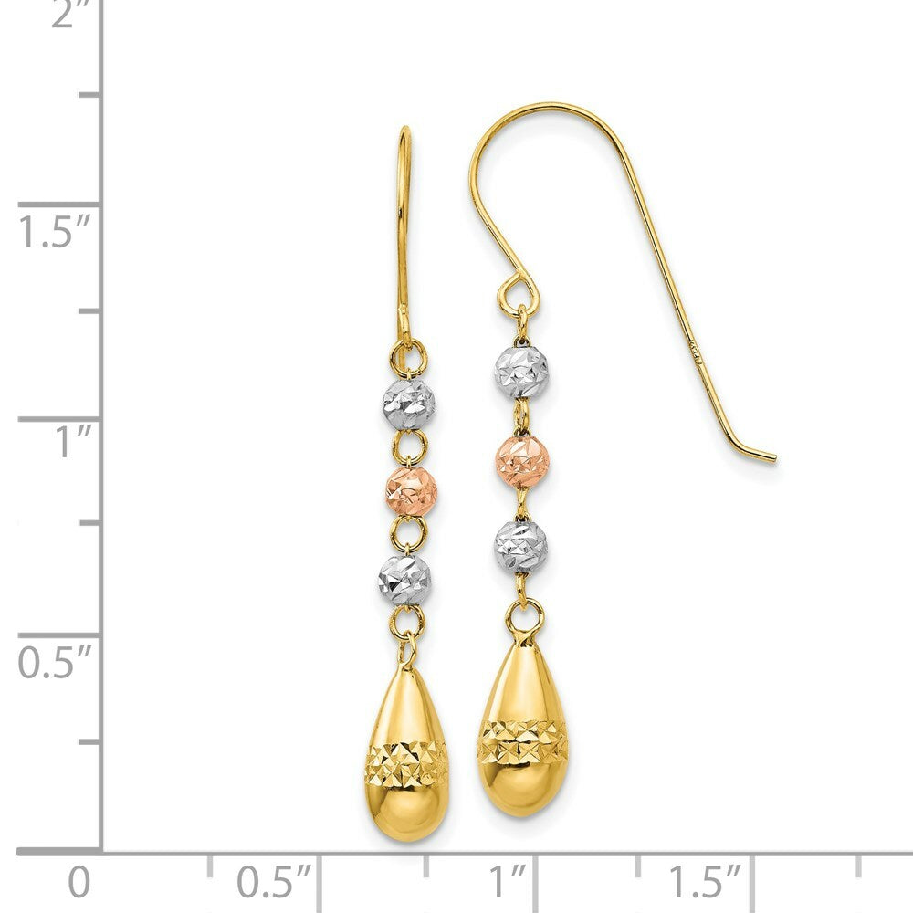 14K Tri-Color Gold Puff Teardrop & Bead Dangle Earrings