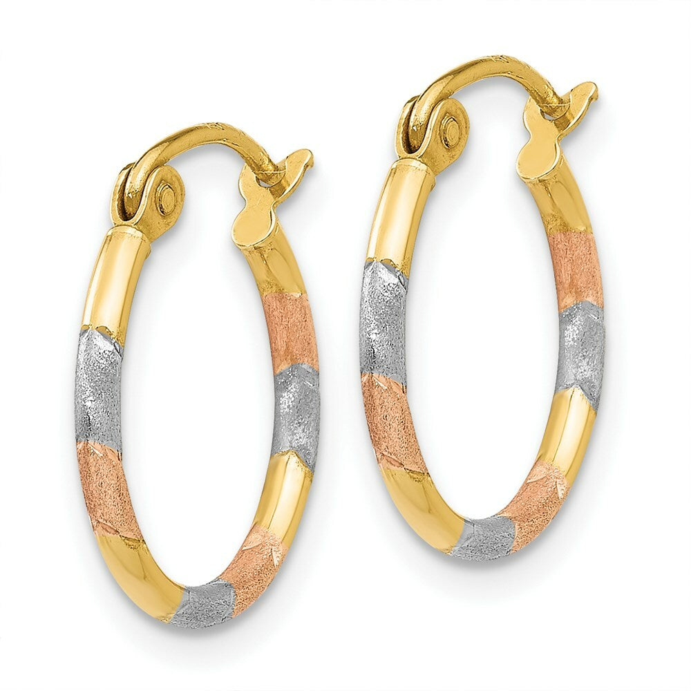 14K Yellow Gold & White and Rose Rhodium 1.5mm Diamond Cut Hoop Earrings 14mm width