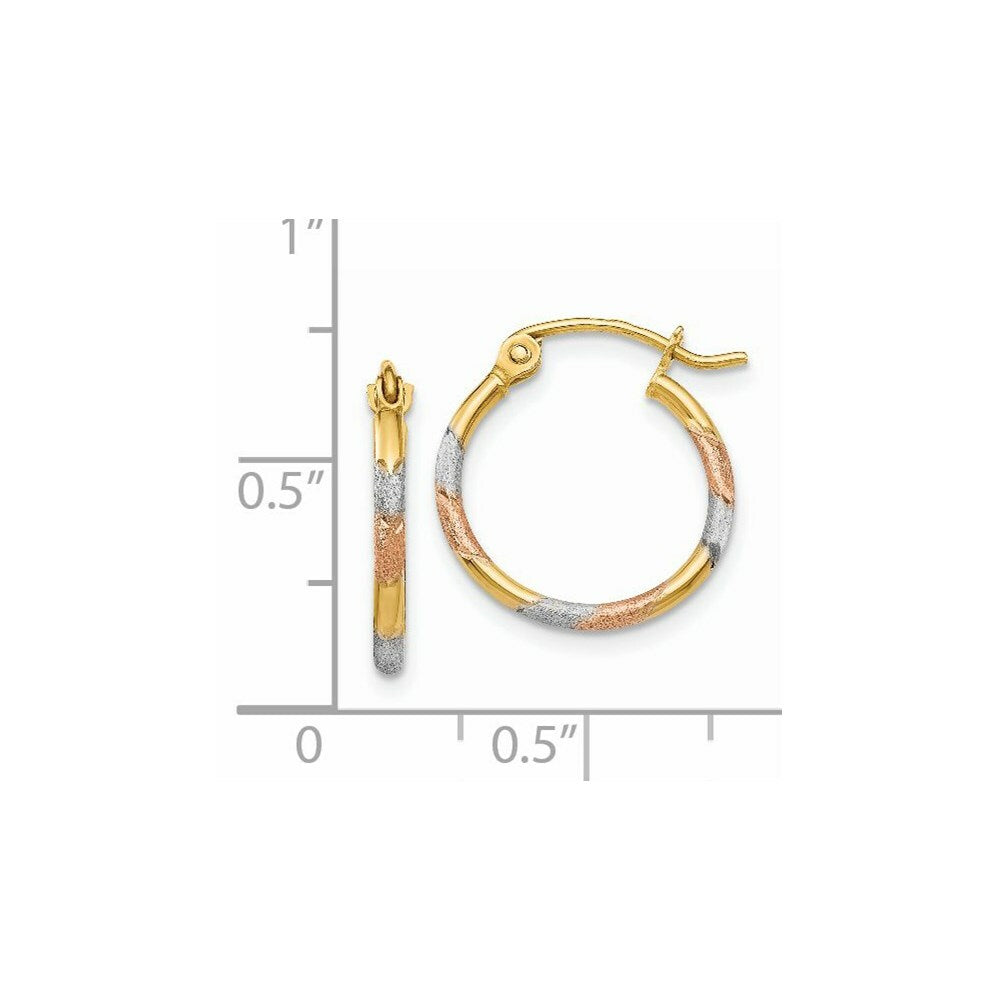 14K Yellow Gold & White and Rose Rhodium 1.5mm Diamond Cut Hoop Earrings 14mm width