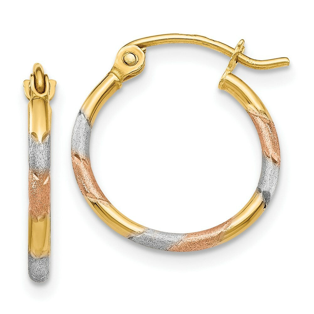 14K Yellow Gold & White and Rose Rhodium 1.5mm Diamond Cut Hoop Earrings 14mm width