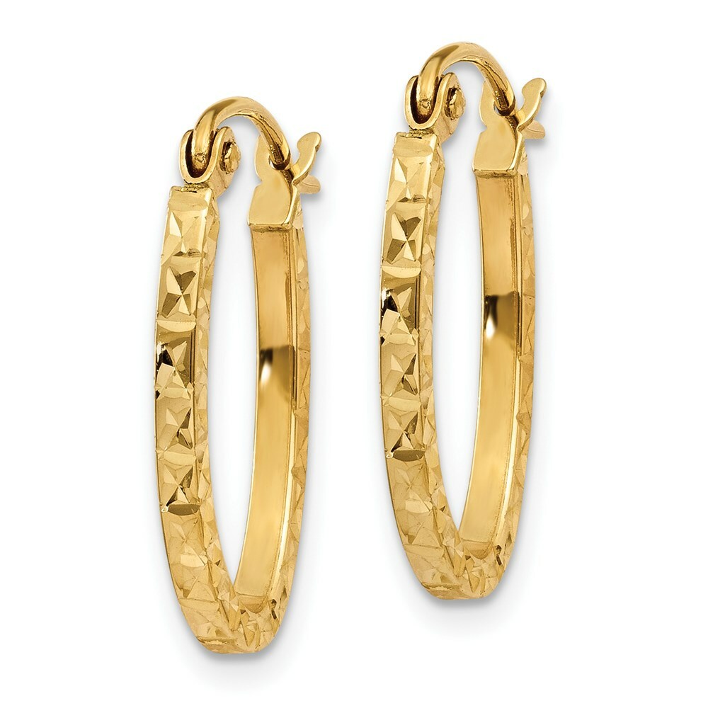 14K Yellow Gold Diamond Cut Oval Hollow Hoop Earrings  13mm width