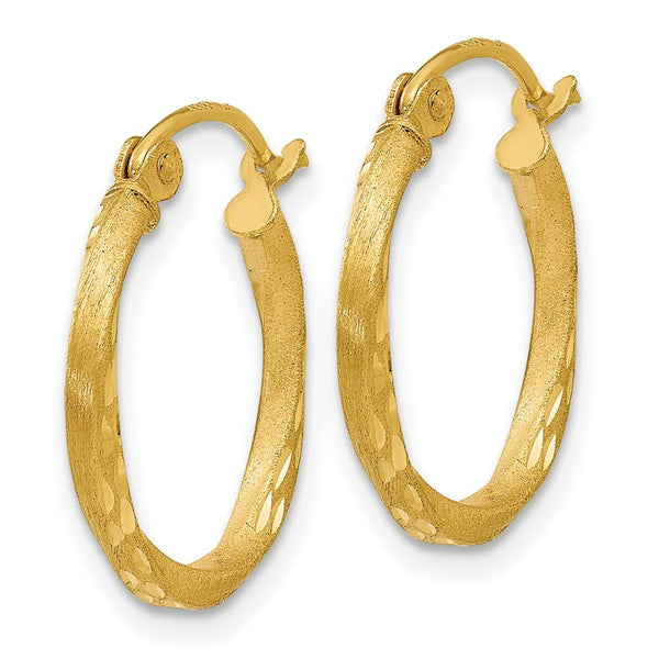 14K Yellow Gold Satin Diamond Cut Hollow Twisted Hoop Earrings  17mm width