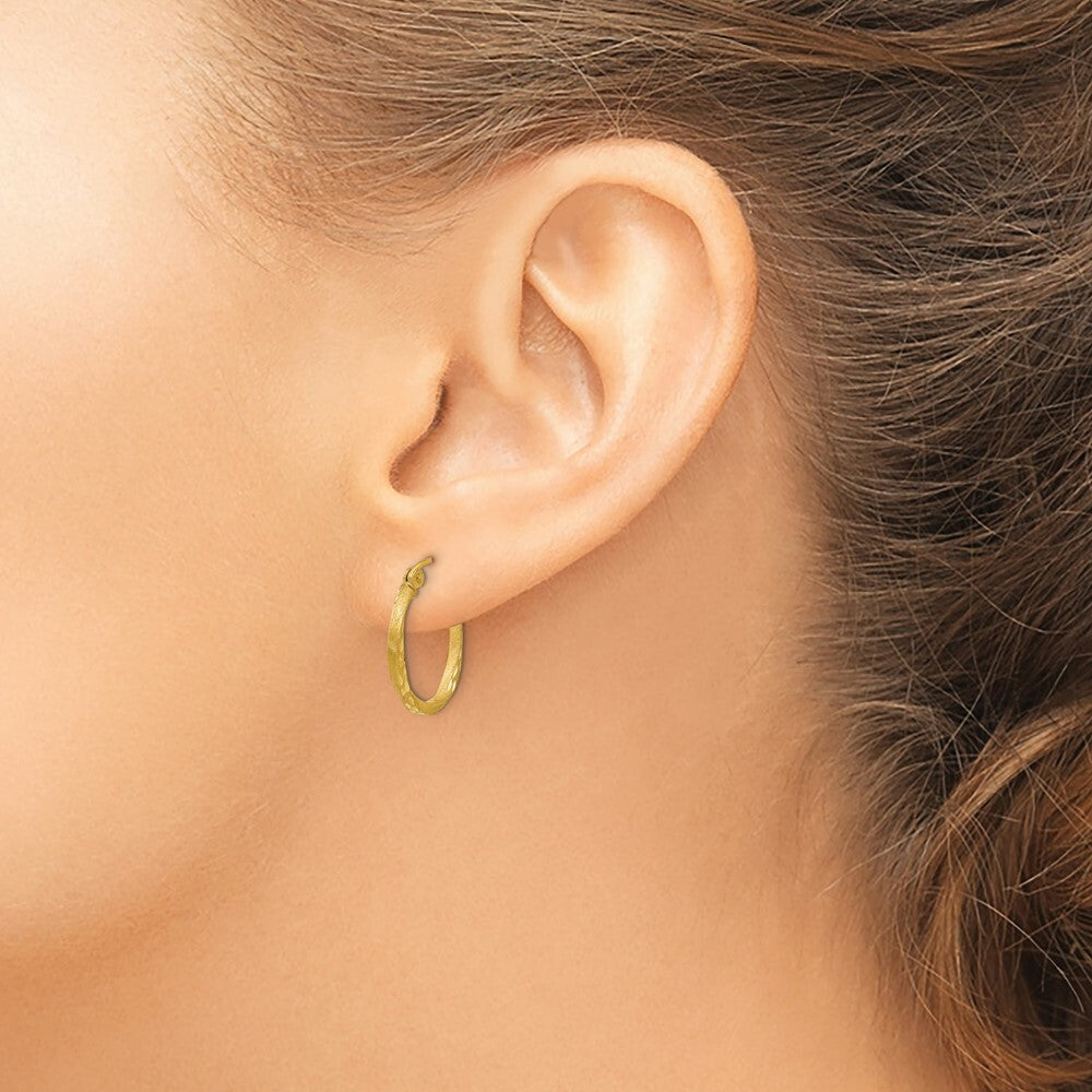 14K Yellow Gold Satin Diamond Cut Hollow Twisted Hoop Earrings  17mm width