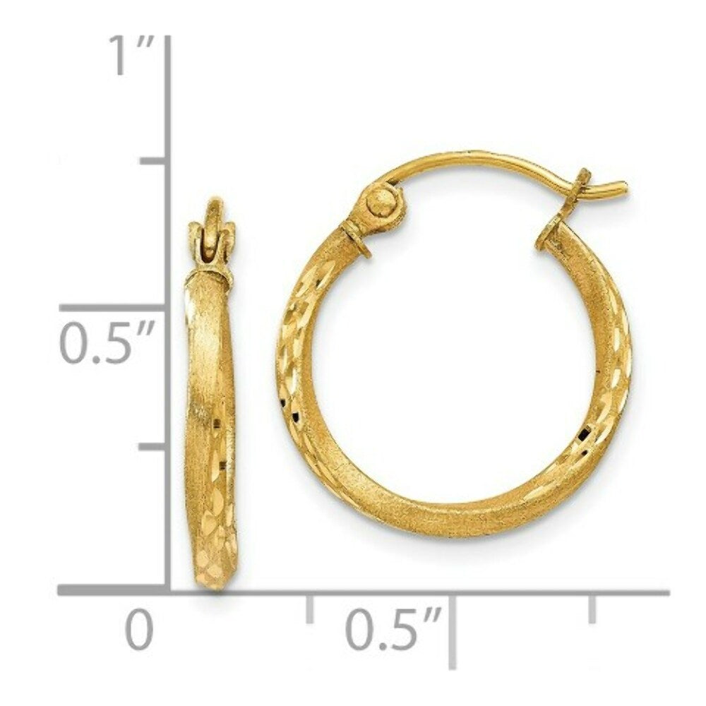 14K Yellow Gold Satin Diamond Cut Hollow Twisted Hoop Earrings  17mm width