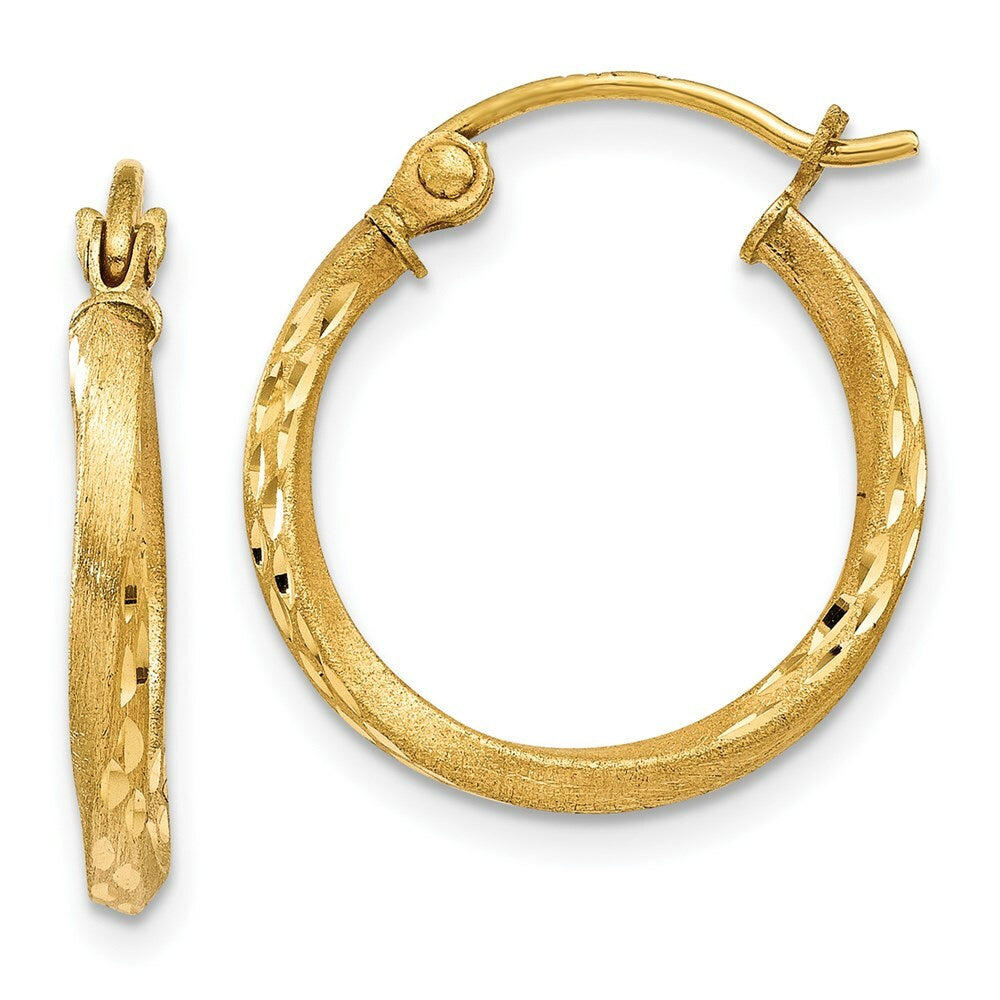 14K Yellow Gold Satin Diamond Cut Hollow Twisted Hoop Earrings  17mm width
