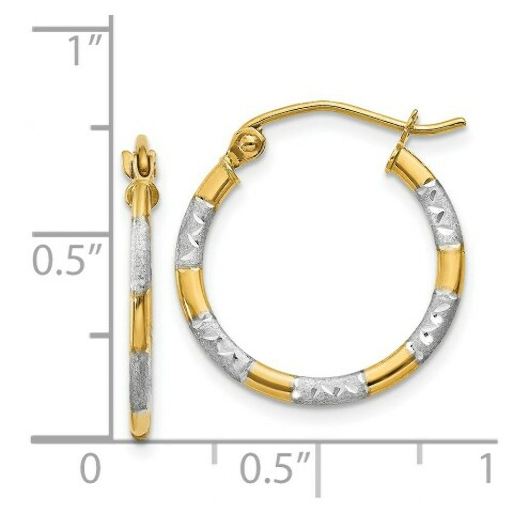 14K Yellow Gold & Rhodium Diamond Cut Hoop Earrings 18mm width