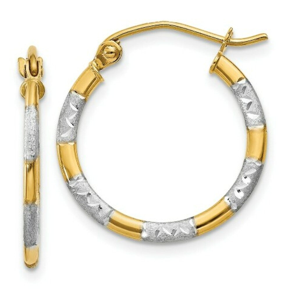 14K Yellow Gold & Rhodium Diamond Cut Hoop Earrings 18mm width