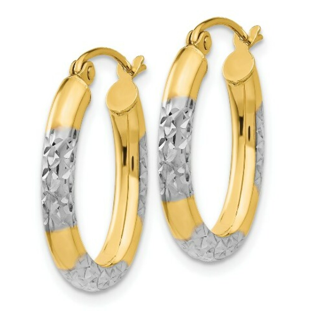 14K Yellow Gold & Rhodium 3mm Diamond Cut Oval Hollow Hoop Earrings 15mm width