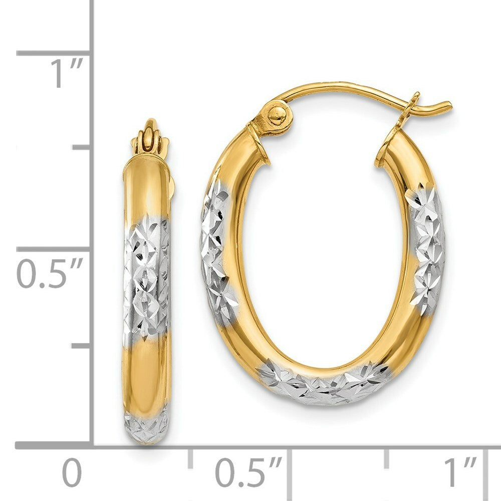 14K Yellow Gold & Rhodium 3mm Diamond Cut Oval Hollow Hoop Earrings 15mm width
