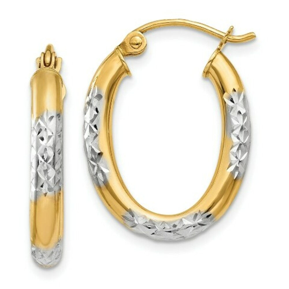 14K Yellow Gold & Rhodium 3mm Diamond Cut Oval Hollow Hoop Earrings 15mm width