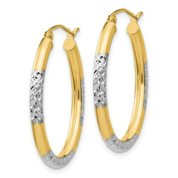 14K Yellow Gold & Rhodium 3mm Diamond Cut Oval Hollow Hoop Earrings 24mm width