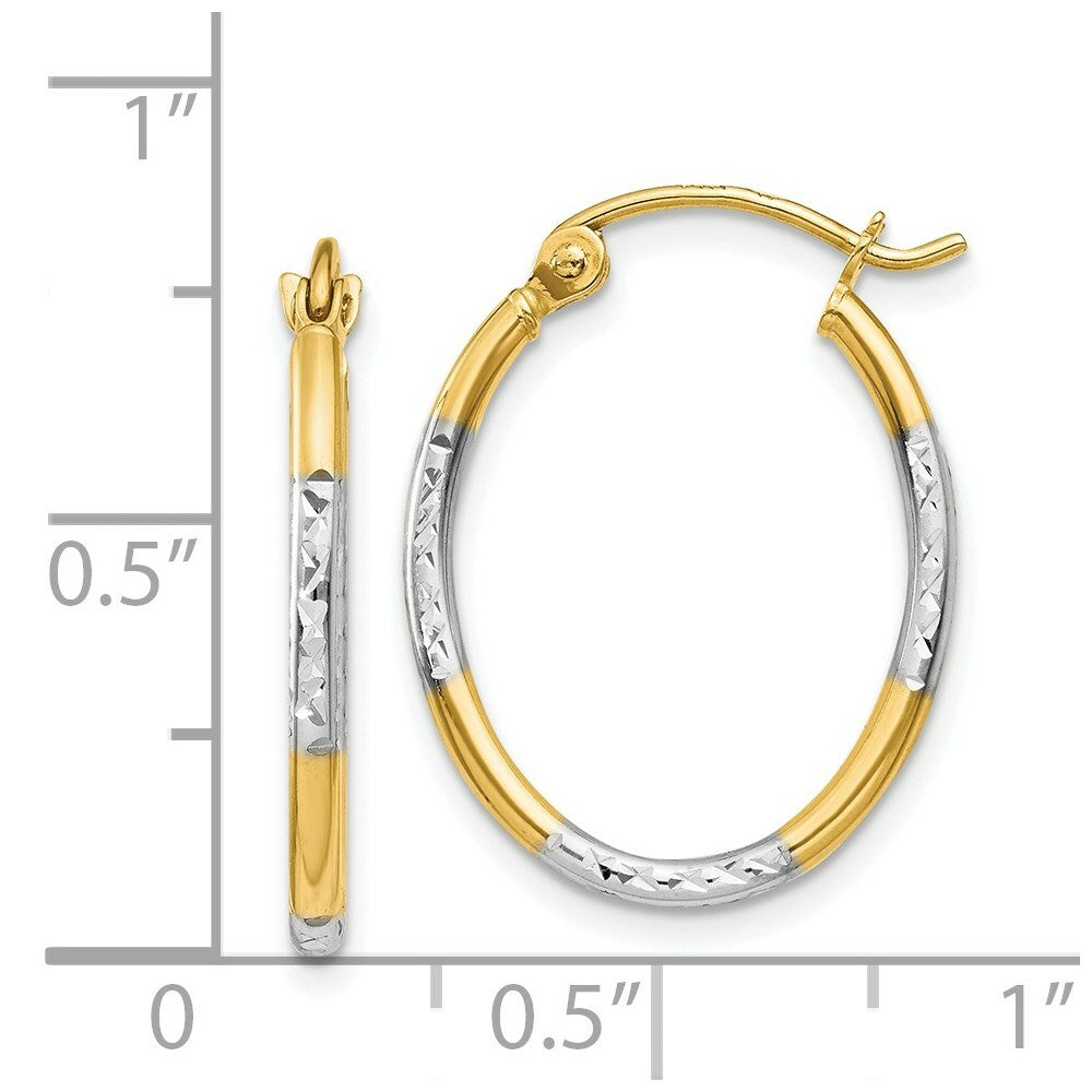 14K Yellow Gold & Rhodium Diamond Cut Oval Hoop Earrings 17mm width